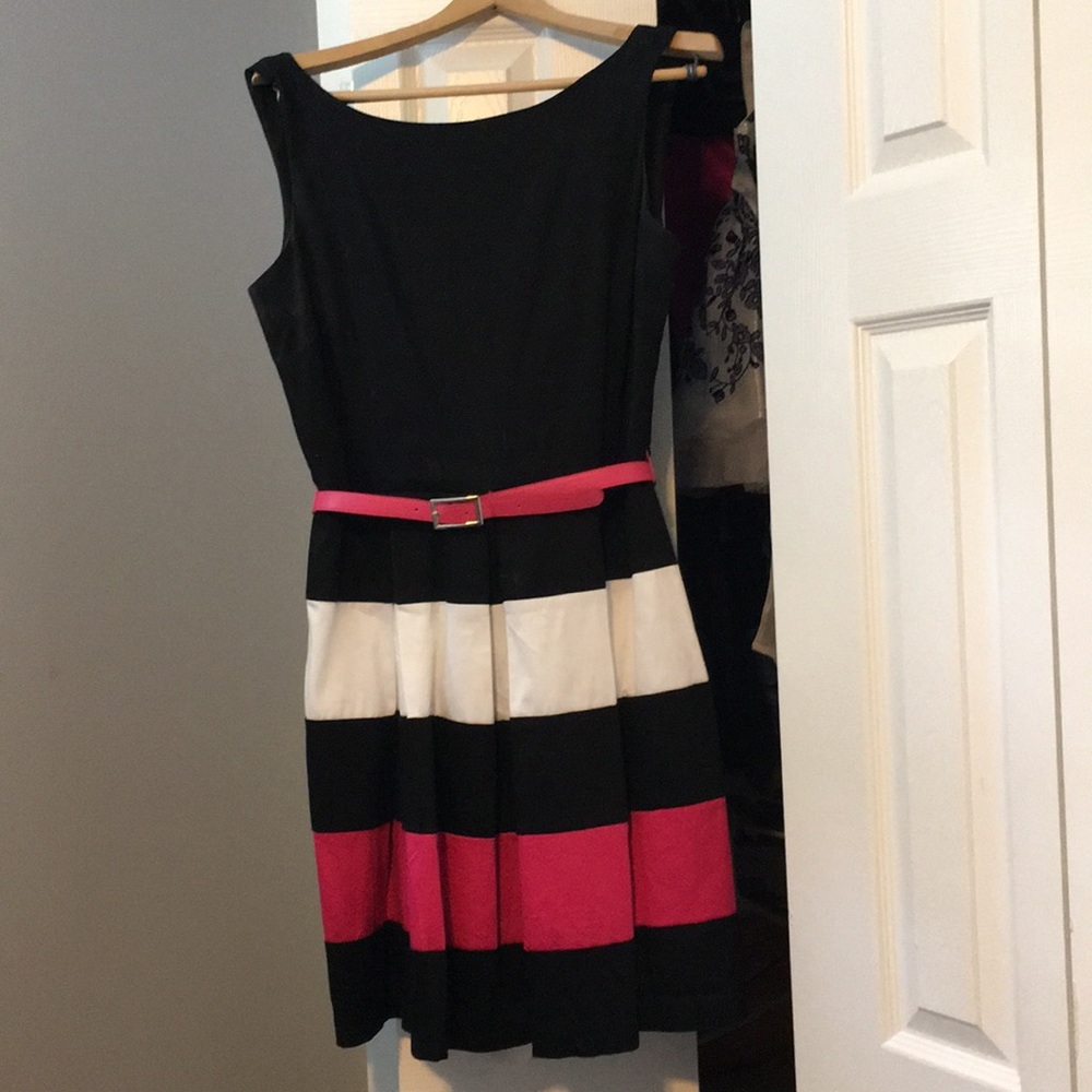 Tiana B. Cotton striped flare belted dress